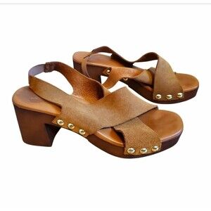 Christian Di Riccio Brown Genuine Leather Studded Clog Sandal Wood Bottom 7.5